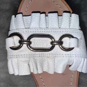 💗 Kate Spade New York White Leather Fringe Slide Sandals – Chain Detail 7.5